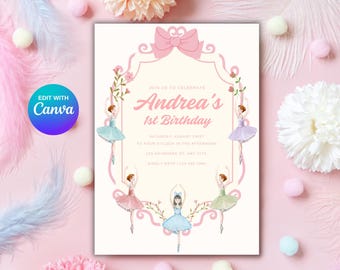 Ballerina Birthday Invitation, Tutu Cute 2nd Birthday Invite, Editable Digital Template Instant Download, Ballet Dancer Girl Party Invite