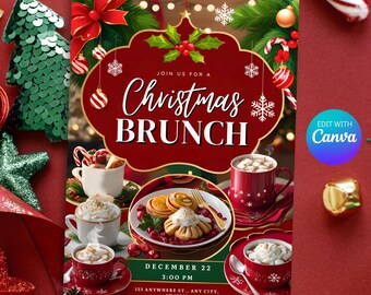 Peut inclure: Une invitation à un brunch de Noël rouge et vert avec un design festif. L'invitation présente un fond rouge avec une bordure dorée et un flocon de neige blanc. Le texte "JOIN US FOR A Christmas BRUNCH" est écrit en cursive blanche. L'invitation comprend également une date et une heure, ainsi qu'un numéro de contact pour RSVP. L'invitation est décorée d'images de décorations de Noël, de cannes en sucre et de chocolat chaud.