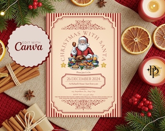 Breakfast With Santa Invite, Christmas Brunch Invite | Jingle and Mingle Printable Invitation for Christmas Eve Dinner Luncheon Party Invite