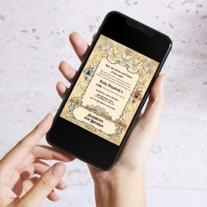 May include: A digital invitation for a 14th birthday party with a medieval theme. The invitation features a scroll with gold and red accents, and the text "Hail, fair Lords and Ladies of the realm! Lady Elizabeth's 14th Birthday".