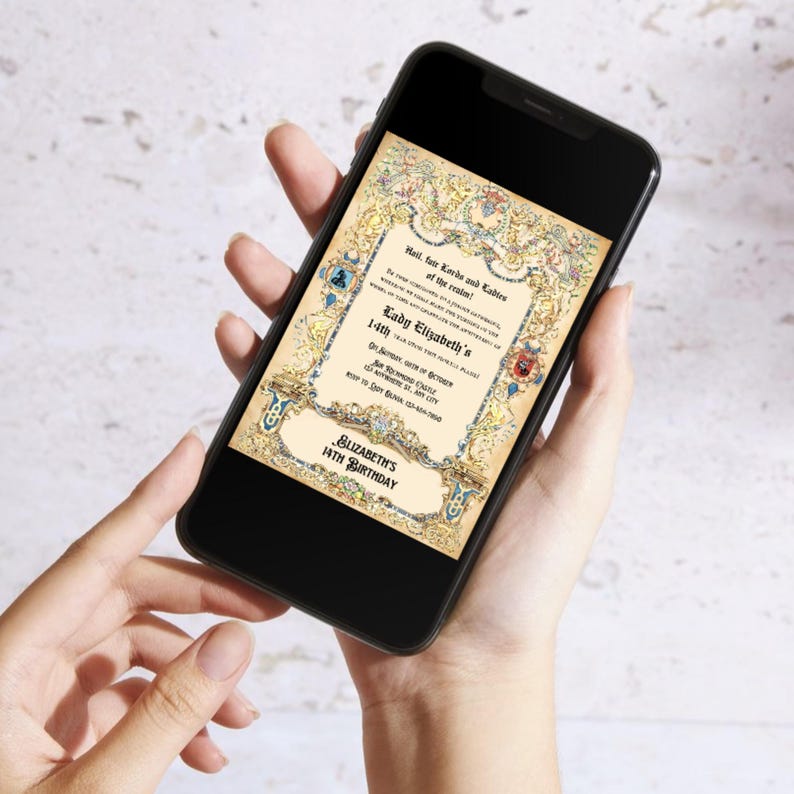 May include: A digital invitation for a 14th birthday party with a medieval theme. The invitation features a scroll with gold and red accents, and the text "Hail, fair Lords and Ladies of the realm! Lady Elizabeth's 14th Birthday".