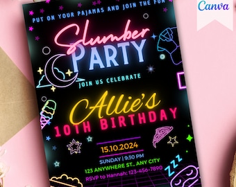 Editable Slumber Party Birthday Invitation Sleepover Birthday Invite Pink Neon Spa Teen Digital Download Printable Template, Canva Template