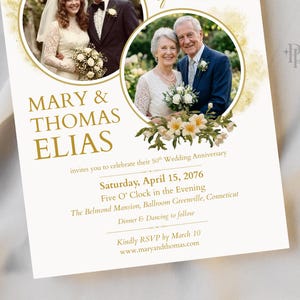 May include: A cream-colored invitation for a 50th wedding anniversary. The invitation features two circular photo frames with couples, floral accents, and gold text that reads "MARY & THOMAS ELIAS". The date is April 15, 2076.