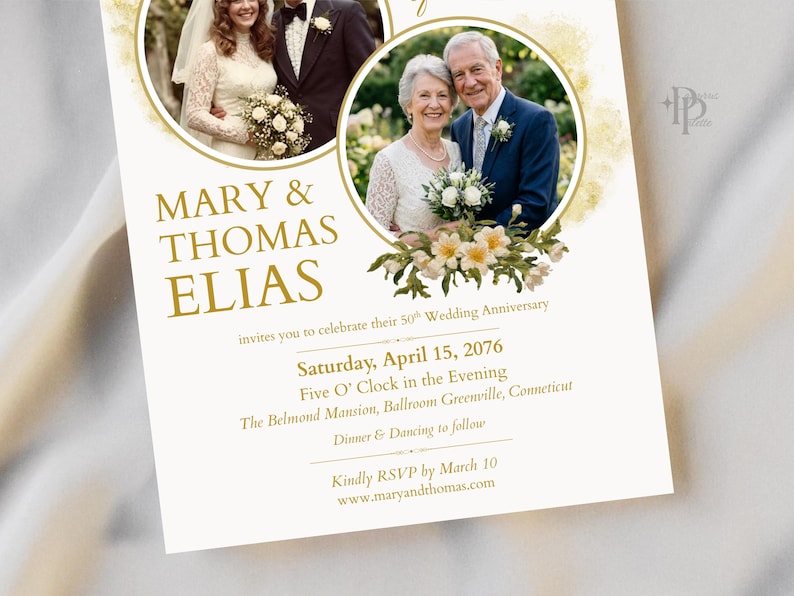 May include: A cream-colored invitation for a 50th wedding anniversary. The invitation features two circular photo frames with couples, floral accents, and gold text that reads "MARY & THOMAS ELIAS". The date is April 15, 2076.