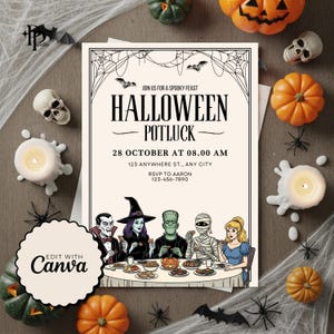 May include: Halloween Potluck invitation with a spooky theme. The invitation features a black and white border, bats, and spiderwebs. The text reads "Join us for a Spooky Feast" and includes the date, time, and location. The invitation also features illustrations of classic Halloween characters.