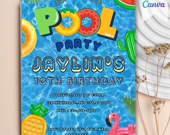 Water Park Invitation, Poolside Invitation, Pool Party Editable Birthday Invitation, Digital Party Invite, Online Invitation Canva Template