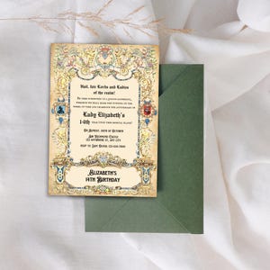 May include: A medieval-style invitation for a 14th birthday party. The invitation features a gold and blue border with a scroll-like design. The text reads "Hail, fair Lords and Ladies of the realm!" and "Lady Elizabeth's 14th Birthday".