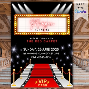 Red Carpet Invite, Red Carpet Birthday Invitation, Hollywood Theme Invite, Hollywood Party Invite Printable Party Invitation