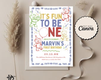 Invitación "Cumplir un año es divertido", plantilla colorida para invitación de primer cumpleaños, diseño caprichoso dibujado a mano, invitación divertida para primer cumpleaños, primer cumpleaños