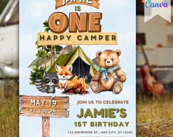 One Happy Camper Birthday Invitation: Woodland Animals (PDF Print)