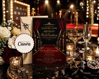 May include: A rectangular birthday invitation card featuring a red carpet theme with gold stanchions and red velvet curtains. The text reads: You are invited Elouise 20th Birthday Celebration, A night of glamour, laughter & unforgettable memories.