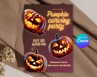 Pumpkin Carving Party Invitation | Jack O Lantern Invite for Halloween | Fun Halloween Evite | Spooky Celebration Printable Party Invite