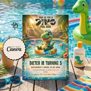 Dinosaur Pool Party Invitation Three-Rex Splash Splash Roar Invite Dino Pool Birthday Any Age T-Rex Swimming Invite Editable Digital Downloa