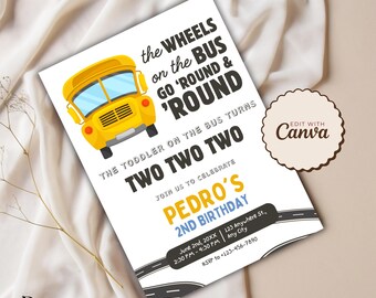 Wheels On The Bus Invitation, Wheels On The Bus Birthday Invite, Wheels On The Bus Theme Party Invite, Wheels On The Bus Printable Party Inv