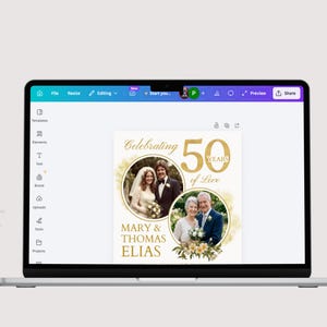 May include: A laptop screen displays a design for a 50th wedding anniversary. The design features two circular photo frames with couples, gold text that reads "Celebrating 50 Years of Love," and the names "Mary & Thomas Elias."