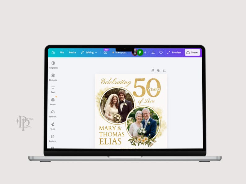 May include: A laptop screen displays a design for a 50th wedding anniversary. The design features two circular photo frames with couples, gold text that reads "Celebrating 50 Years of Love," and the names "Mary & Thomas Elias."