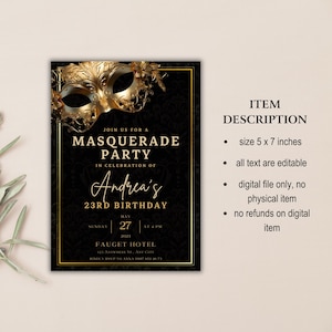 Masquerade Ball Editable Birthday Invitation Template, Printable ...