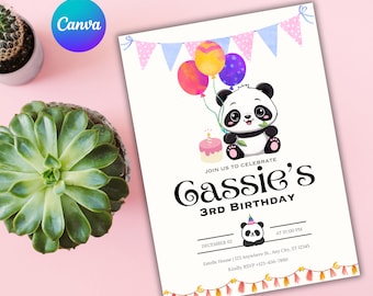 May include: A white invitation with a panda bear holding a cupcake and balloons. The text reads "Join us to celebrate Gassie's 3rd Birthday". The invitation includes the date, time, and location of the party.