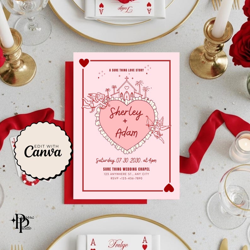 May include: A wedding invitation with a pink and red color scheme. The invitation features the names "Sherley + Adam" inside a heart, with the text "A SURE THING LOVE STORY". The date and time are also included.