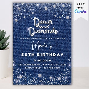 Convite Denim e Diamante, Convite Denim, Convite para Festa Temática Denim, Convite de Aniversário Denim e Diamante Convite para Festa para Imprimir