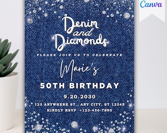 Denim and Diamond Invite, Denim Invitation, Denim Theme Party Invitation, Denim and Diamond Birthday Invite Printable Party Invite