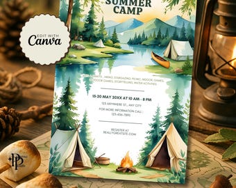 Modello di volantino per campi estivi - Poster stampabile per campeggio giovanile e invito alla festa, design modificabile per volantini per campi estivi