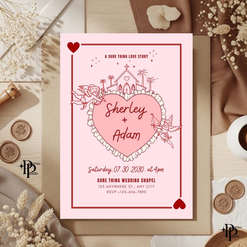 May include: A pink wedding invitation with a red border and heart accents. The invitation features a heart-shaped design with the names "Sherley + Adam" and the text "A Sure Thing Love Story". Includes wedding details.