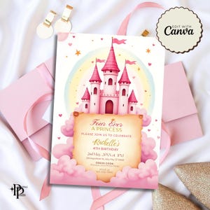 Quatre jamais une invitation d'anniversaire de princesse | Invitation de fête d'anniversaire pour quatrième fille | Célébration sur le thème du château magique, invitation à une fête imprimable
