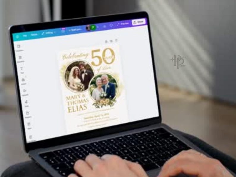 May include: A laptop displaying a golden anniversary invitation design. The invitation features two circular photo frames with couples, the text "Celebrating 50 Years of Love," and the names "Mary & Thomas Elias."