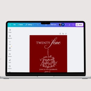 May include: A laptop screen displays a design with a burgundy background. The design features the words "TWENTY fine" in elegant script above a drum illustration and the text "JOIN US TO CELEBRATE" below.