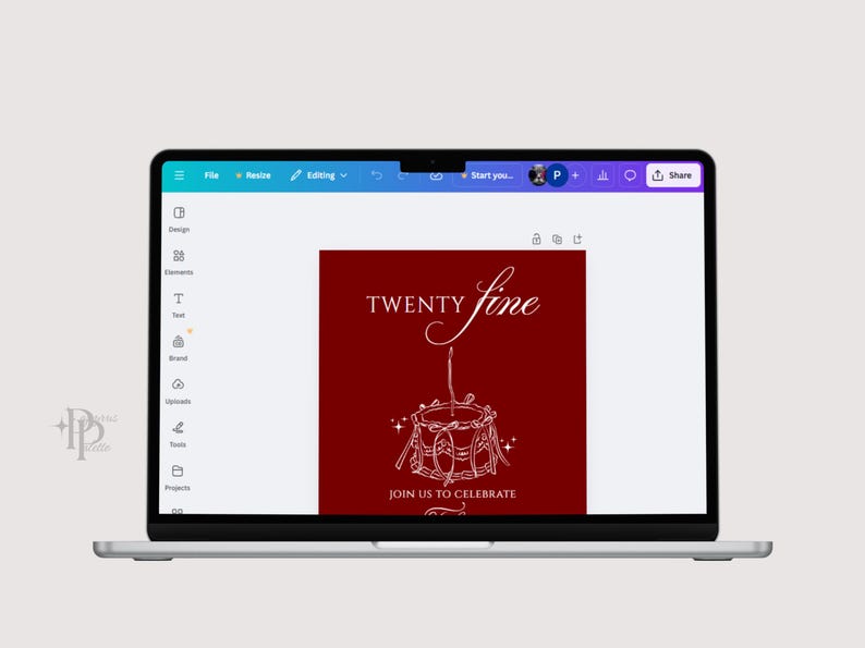 May include: A laptop screen displays a design with a burgundy background. The design features the words "TWENTY fine" in elegant script above a drum illustration and the text "JOIN US TO CELEBRATE" below.