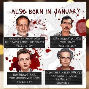 Verjaardagskaart januari, seriemoordenaars, waar misdaadcadeau, duistere humor
