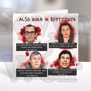 Verjaardagskaart september, seriemoordenaars, waar misdaadcadeau, duistere humor
