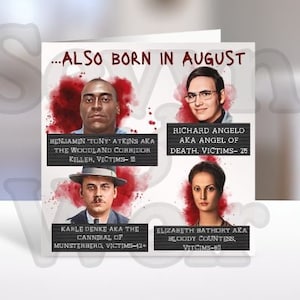 Carte d'anniversaire d'août, tueurs en série, cadeau véritable crime, humour noir