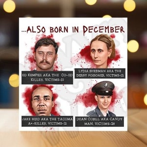 Carte d'anniversaire de décembre, tueurs en série, cadeau crime, humour noir