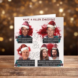 Beleef een geweldige kerst! True Crime-kaart met beruchte seriemoordenaars, duistere humor kerstcadeau voor echte misdaadjunkies en mysterieliefhebbers