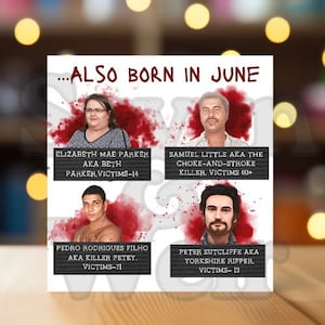 Verjaardagskaart juni, seriemoordenaars, True Crime-cadeau, duistere humor