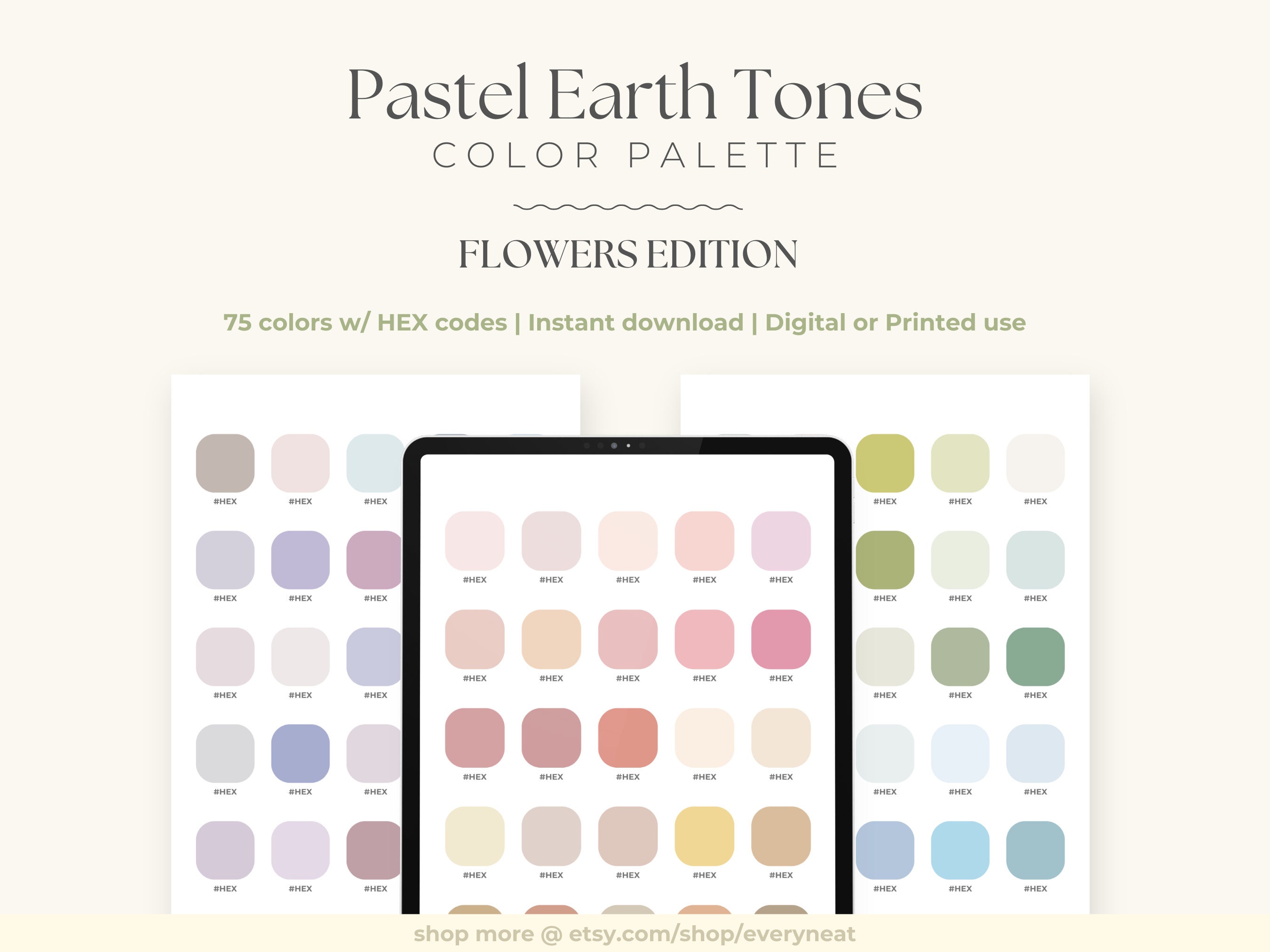 Paleta de colores tierra en tonos pastel (Flowers Edition) con códigos HEX | 75 tonos suaves para planificación digital, diseño y GoodNotes | Descarga instantánea