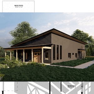 May include: A modern, single-story house with a brown and black exterior. The house has a large, covered porch with wooden beams and a sloped roof. The house has a back patio that is 16 feet by 7 feet.