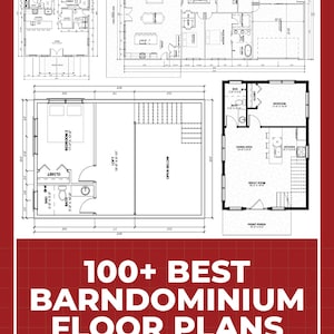 Peut inclure: Un plan d'étage de barndominium en noir et blanc avec trois configurations différentes. Le texte "100+ BEST BARNDOMINIUM FLOOR PLANS" est en bas de l'image. Le texte "Inspiration & Ideas For Your Dream Home" est sous le texte principal.
