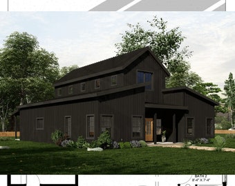 May include: A black exterior of a modern farmhouse with a gabled roof and large windows. The house has a back patio that is 42 feet by 6 feet.