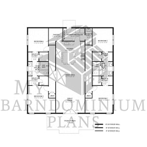 Pode incluir: Um plano de planta em preto e branco de uma casa com quatro quartos, dois banheiros, uma cozinha, uma sala de jantar, uma sala grande, uma lavanderia, uma despensa e uma varanda da frente. O plano de planta mostra as dimens&otilde;es de cada c&ocirc;modo em p&eacute;s e polegadas.