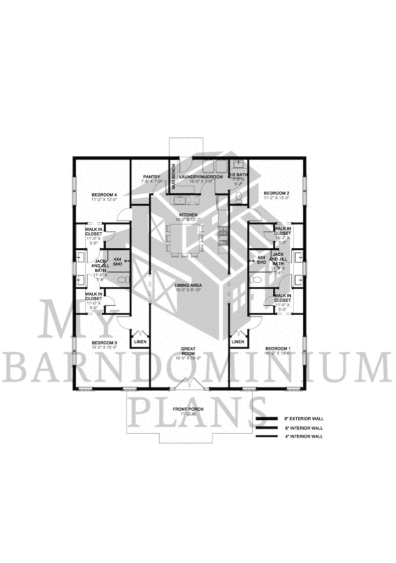 Pode incluir: Um plano de planta em preto e branco de uma casa com quatro quartos, dois banheiros, uma cozinha, uma sala de jantar, uma sala grande, uma lavanderia, uma despensa e uma varanda da frente. O plano de planta mostra as dimens&otilde;es de cada c&ocirc;modo em p&eacute;s e polegadas.