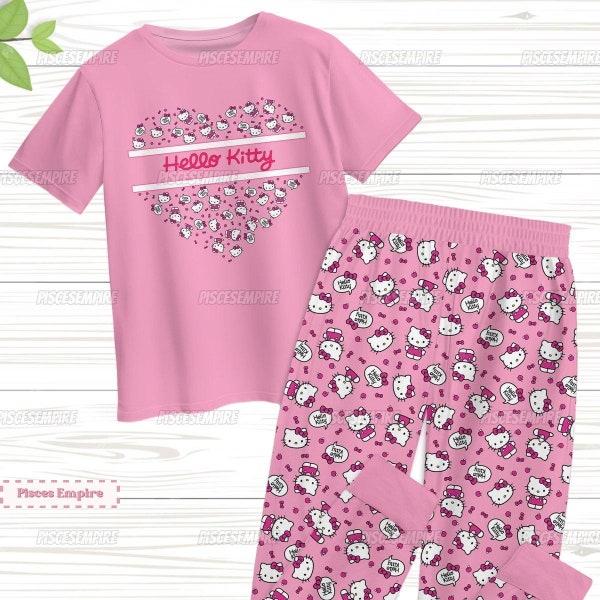 Hello Kitty Pajamas Set, Hello Kitty Shirt, Hello Kitty Women Pajamas, Kitty Cat Holiday Pajamas, Hello Kitty Bridesmaid Pajamas