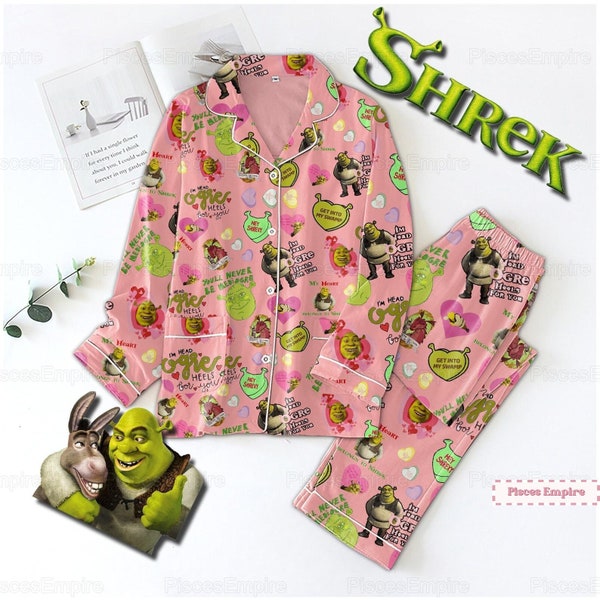 Pyjama visage Shrek, pyjama de demoiselle d'honneur Shrek, ensemble de pyjama Shrek et Fiona, pantalon de pyjama Shrek drôle, pyjama impertinent Shrek pour femme