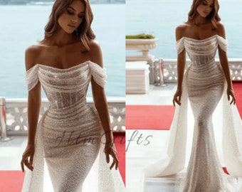 Enchanting Sparkly Mermaid Wedding Dress Sequins, Off-The-Shoulder Design, Zipper Back, And Detachable Train