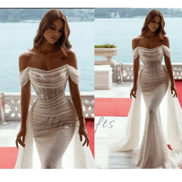 Enchanting Sparkly Mermaid Wedding Dress Sequins, Off-The-Shoulder Design, Zipper Back, And Detachable Train