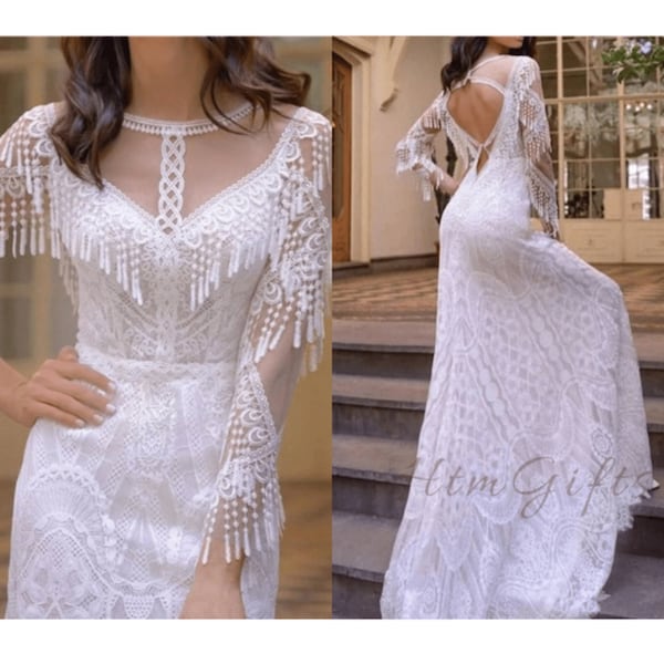 Enchanting Boho Mermaid Wedding Dress Elegant O-Neck, Long Sleeve, Backless Gown With Tassel Lace Floor Length Bridal BeautyA