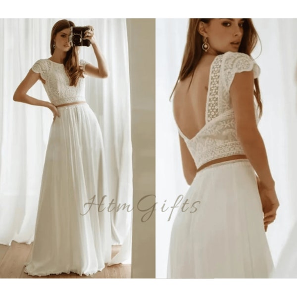 Boho Chic 2-Piece O-Neck Wedding Dress Set Short Sleeves, Backless Chiffon Bridal Gown Floor Length Elegance