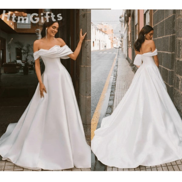 Satin Off The Shoulder Sequin Off The Shoulder Wedding Dress main image 1